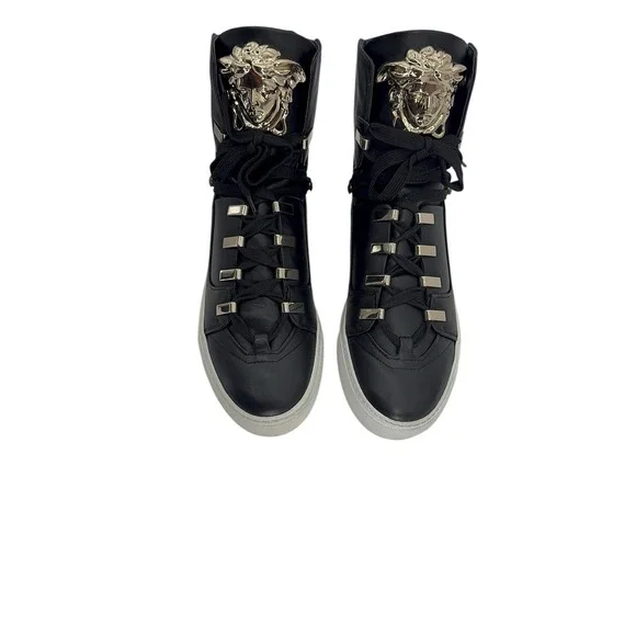 Versace Medusa‎ High Top Sneakers Black Gold Leather Made in Italy Size 40